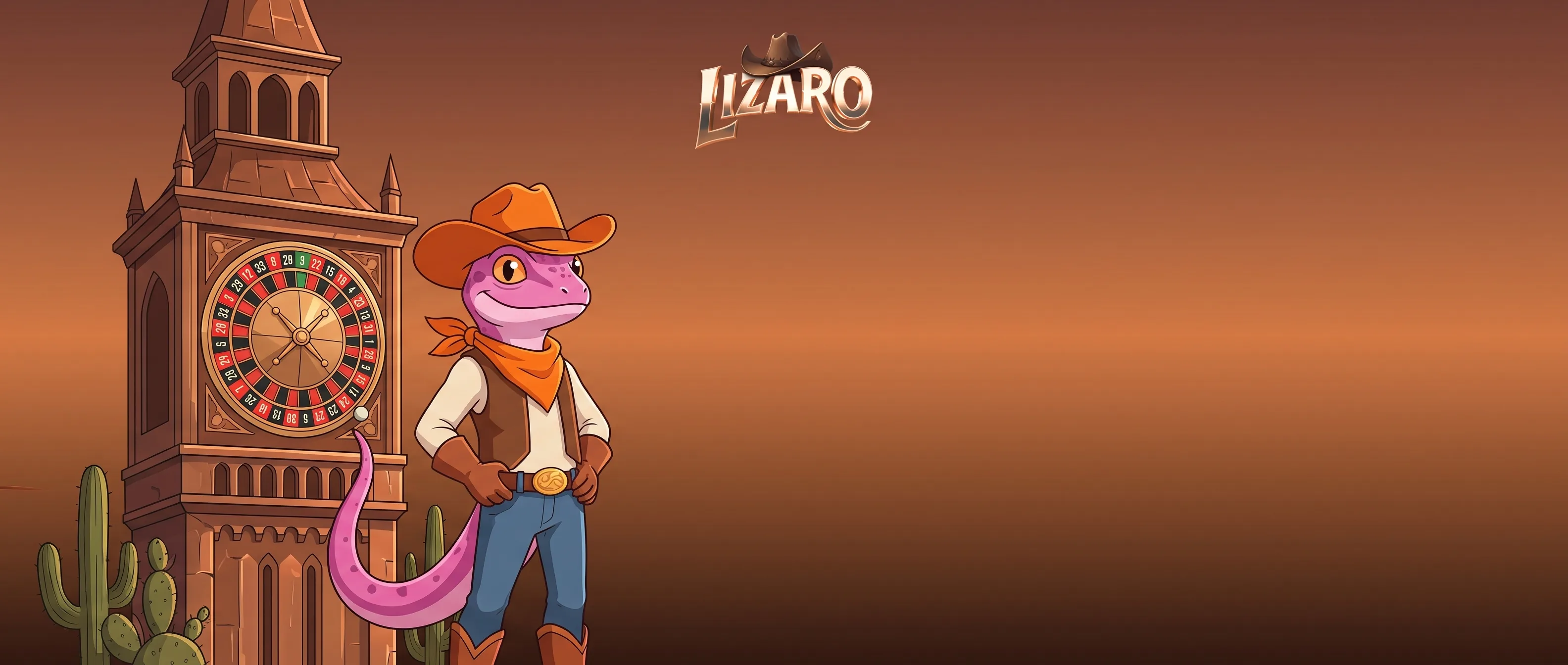 Hodinová věž a kovbojský maskot Lizaro Casino